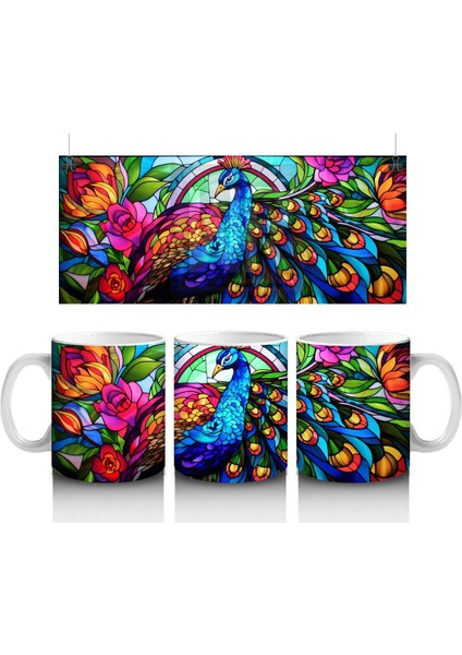 Renkli Tüy Desenli Tavus Kuşu – Baskılı Kahve Kupası