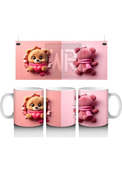 Kalpli Figür Tutan Sevimli Ayıcık Karakteri (Ön ve Arka) - Baskılı Kahve Kupası