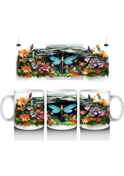 Çiçekler Arasında Mavi Yusufçuk Kompozisyonu - Baskılı Kahve Kupası