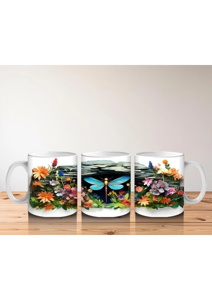 Çiçekler Arasında Mavi Yusufçuk Kompozisyonu - Baskılı Kahve Kupası indirimleri