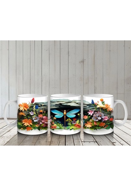 Çiçekler Arasında Mavi Yusufçuk Kompozisyonu - Baskılı Kahve Kupası