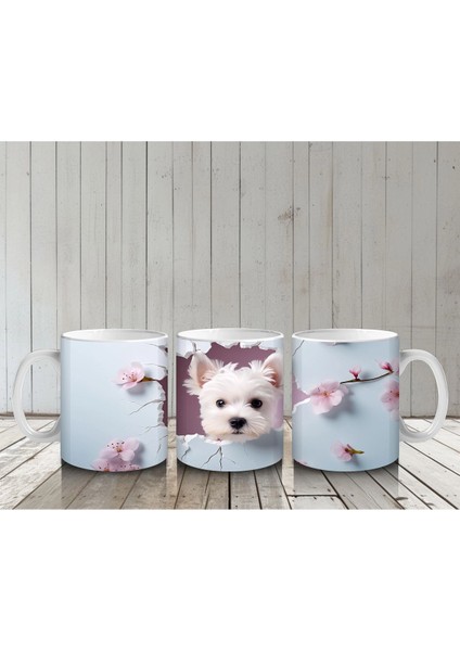 Kiraz Çiçekleri Arasında Neşeli Beyaz Yavru Köpek – Baskılı Kupa