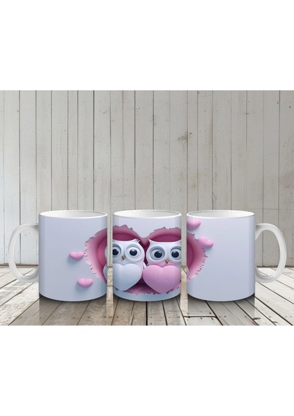 Aşık Baykuşlar Kalpli Kompozisyon – Baskılı Kahve Kupası