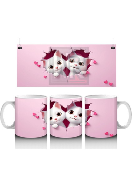 Pembe Kalpli Zeminden Bakan Sevimli Ikiz Kediler - Baskılı Kahve Kupası