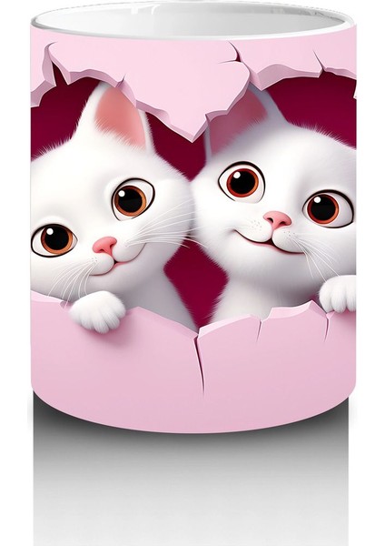 Pembe Kalpli Zeminden Bakan Sevimli Ikiz Kediler - Baskılı Kahve Kupası modelleri