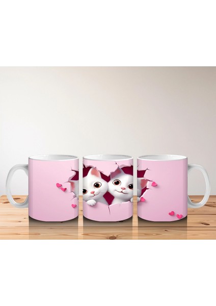 Pembe Kalpli Zeminden Bakan Sevimli Ikiz Kediler - Baskılı Kahve Kupası indirimleri