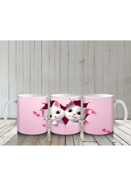 Pembe Kalpli Zeminden Bakan Sevimli Ikiz Kediler - Baskılı Kahve Kupası