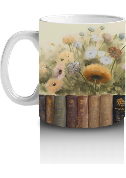 Çiçekler Arasında Kitaplık Üzerine Oturmuş Kedi - Baskılı Kahve fiyatları