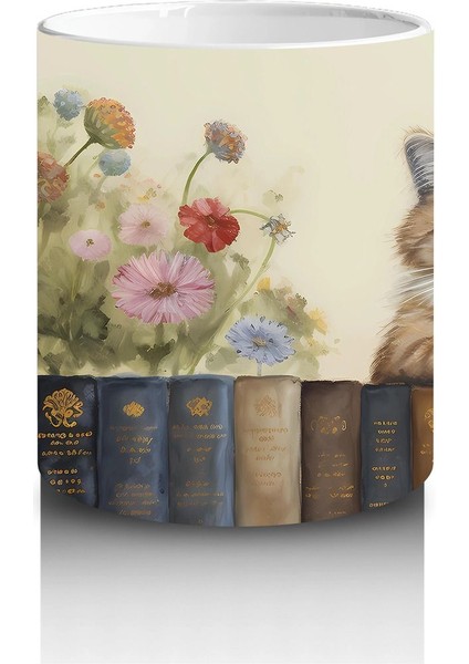 Çiçekler Arasında Kitaplık Üzerine Oturmuş Kedi - Baskılı Kahve modelleri