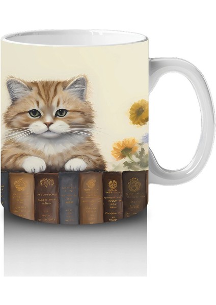 Çiçekler Arasında Kitaplık Üzerine Oturmuş Kedi - Baskılı Kahve fırsatları