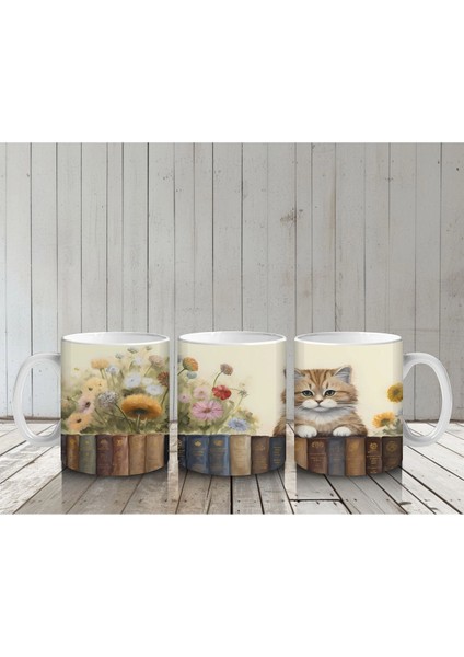 Çiçekler Arasında Kitaplık Üzerine Oturmuş Kedi - Baskılı Kahve