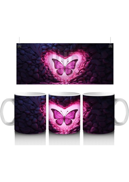 Pembe Işıklar Arasında Parlayan Kelebek – Baskılı Kahve Kupası