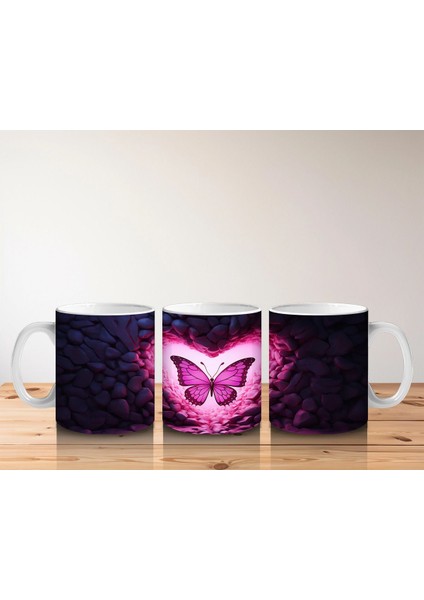 Pembe Işıklar Arasında Parlayan Kelebek – Baskılı Kahve Kupası indirimleri
