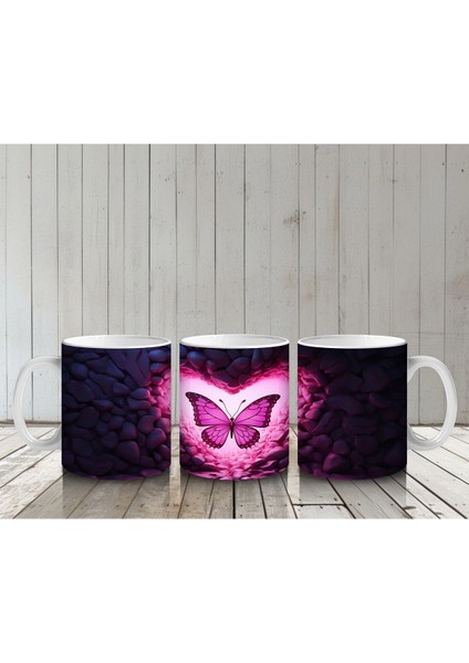 Pembe Işıklar Arasında Parlayan Kelebek – Baskılı Kahve Kupası