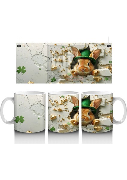Şapkalı Tavşan ve Yonca Süsleri – Baskılı Kahve Kupası