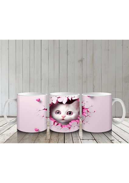 Pembe Kalpli Çatlak Duvar Arasında Tatlı Kedi – Baskılı Kahve Kupası
