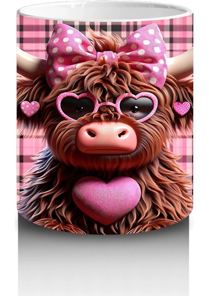 Kare Desenli Fon Üzerinde Kalpli Tatlı Boğa – Baskılı Kahve Kupası modelleri