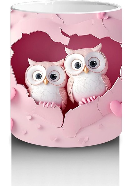 Pembe Çatlak Zeminde Yan Yana Oturan Sevimli Baykuşlar - Baskılı Kahve Kupası modelleri