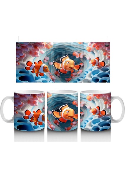 Mavi Dalgalar Arasında Palyaço Balığı Ailesi – Baskılı Kahve Kupası