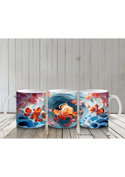 Mavi Dalgalar Arasında Palyaço Balığı Ailesi – Baskılı Kahve Kupası