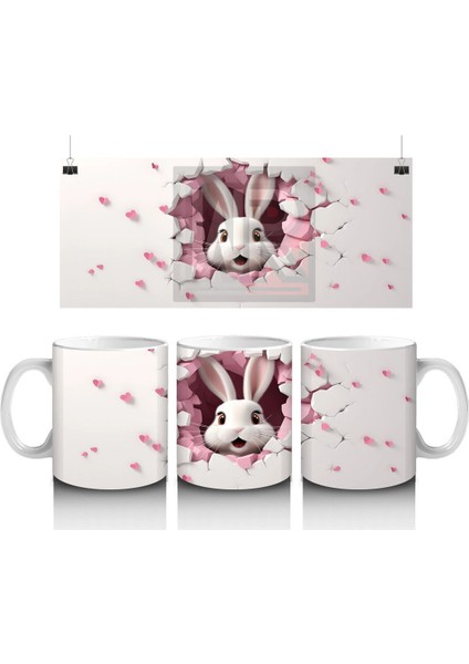 Kalp Yapraklı Ağaç Önünde Tatlı Tavşan – Baskılı Kahve Kupası