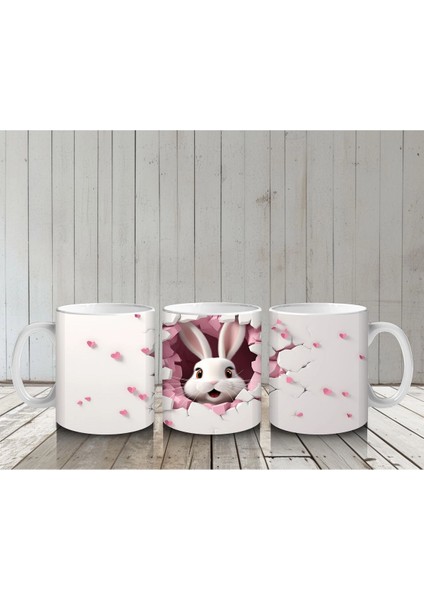 Kalp Yapraklı Ağaç Önünde Tatlı Tavşan – Baskılı Kahve Kupası
