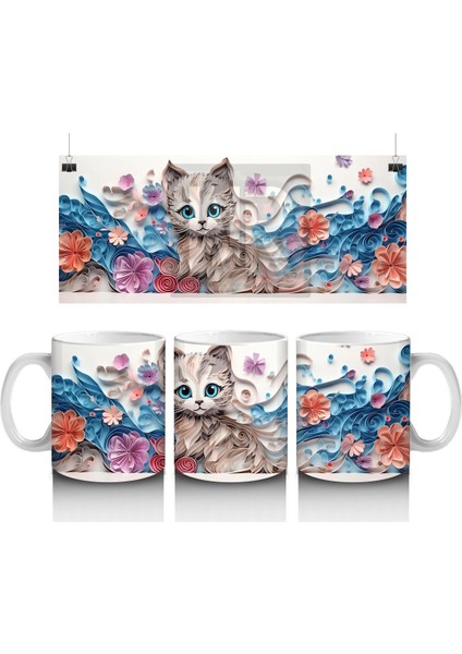 Mavi Tonlarda Çiçeklerle Süslenmiş Kedi – Baskılı Kahve Kupası