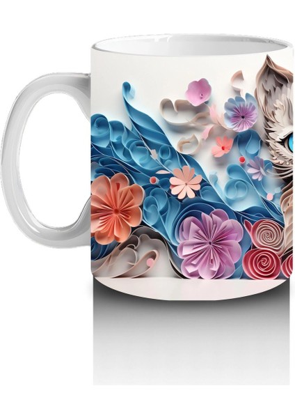 Mavi Tonlarda Çiçeklerle Süslenmiş Kedi – Baskılı Kahve Kupası fiyatları