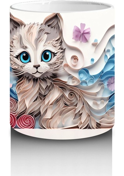 Mavi Tonlarda Çiçeklerle Süslenmiş Kedi – Baskılı Kahve Kupası modelleri