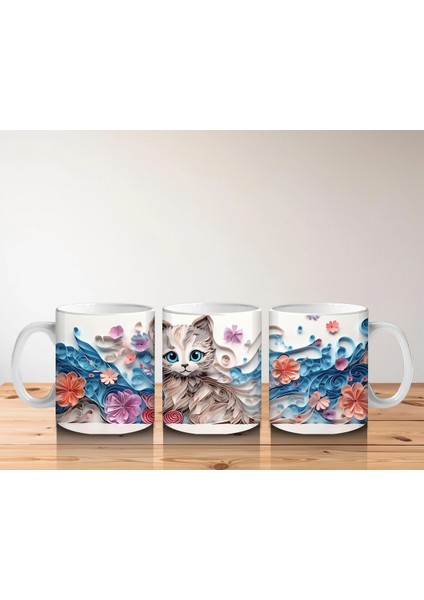 Mavi Tonlarda Çiçeklerle Süslenmiş Kedi – Baskılı Kahve Kupası indirimleri
