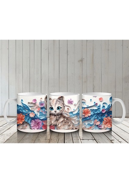Mavi Tonlarda Çiçeklerle Süslenmiş Kedi – Baskılı Kahve Kupası