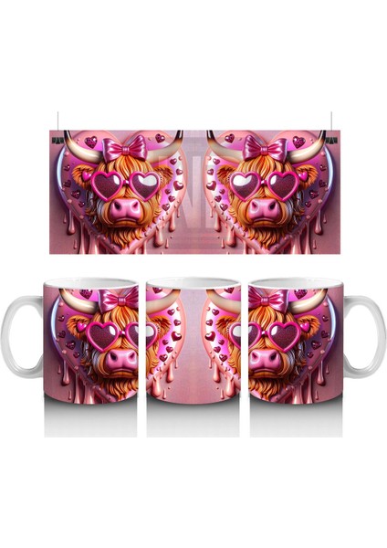 Kalpli Pembe Fon Üzerinde Neon Işıklı Boğa – Baskılı Kahve Kupası