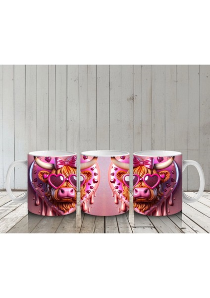 Kalpli Pembe Fon Üzerinde Neon Işıklı Boğa – Baskılı Kahve Kupası