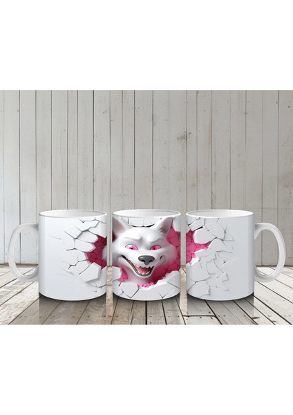 Beyaz Çatlak Zeminden Bakan Pembe Gözlü Kurt - Baskılı Kahve Kupası