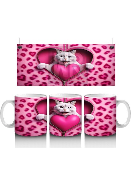 Kalpli Yastık Tutan Beyaz Kedi – Baskılı Kahve Kupası