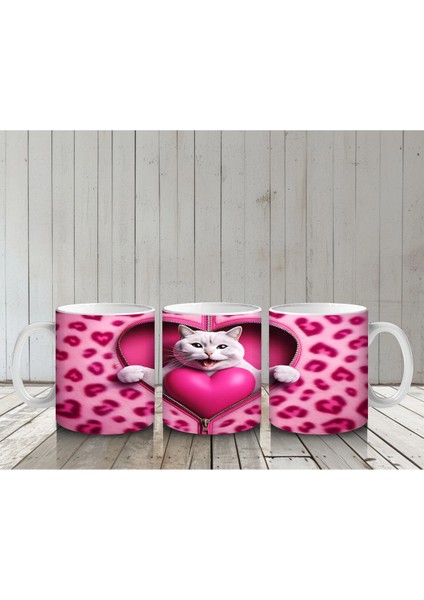 Kalpli Yastık Tutan Beyaz Kedi – Baskılı Kahve Kupası