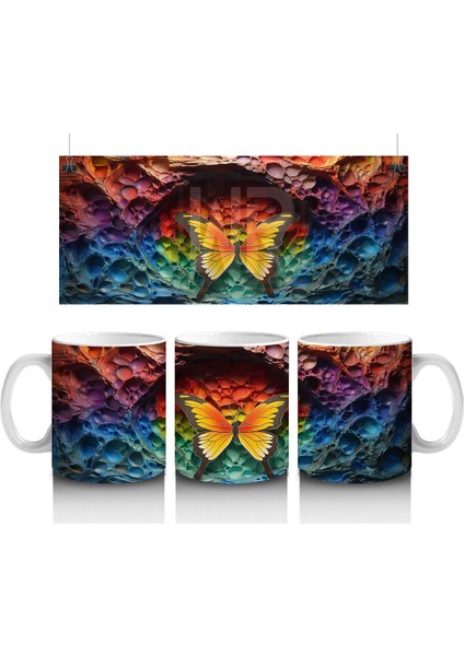 Renkli Kaya Oyuntusunda Turuncu Kelebek – Baskılı Kahve Kupası