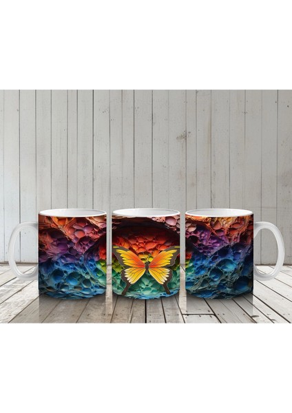 Renkli Kaya Oyuntusunda Turuncu Kelebek – Baskılı Kahve Kupası