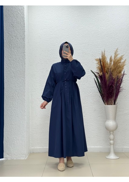 Maruna Poplin Pileli Düğmeli ELBISE-NA2404 Lacivert