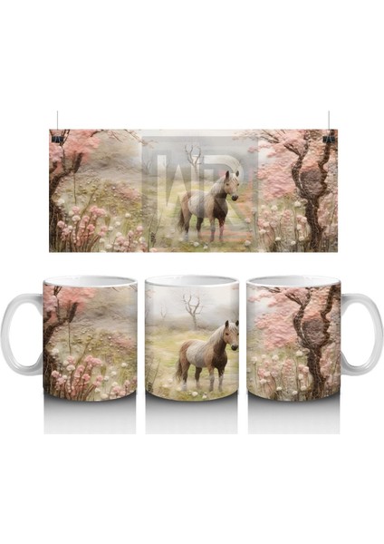 Pembe Çiçekler Arasında Bahar Manzarasında At Silueti - Baskılı Kahve Kupası