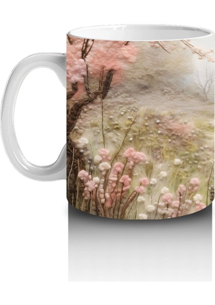 Pembe Çiçekler Arasında Bahar Manzarasında At Silueti - Baskılı Kahve Kupası fiyatları