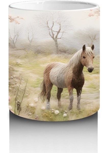 Pembe Çiçekler Arasında Bahar Manzarasında At Silueti - Baskılı Kahve Kupası modelleri