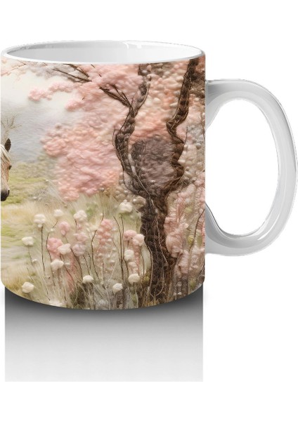 Pembe Çiçekler Arasında Bahar Manzarasında At Silueti - Baskılı Kahve Kupası fırsatları