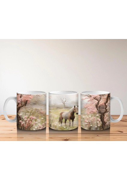 Pembe Çiçekler Arasında Bahar Manzarasında At Silueti - Baskılı Kahve Kupası indirimleri