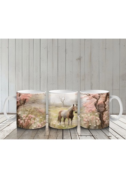 Pembe Çiçekler Arasında Bahar Manzarasında At Silueti - Baskılı Kahve Kupası