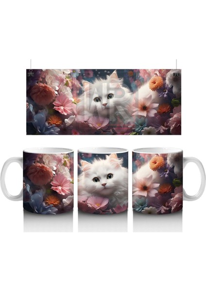 Çiçeklerle Süslenmiş Beyaz Kedi – Baskılı Kupa