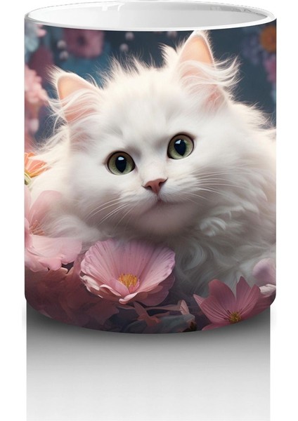 Çiçeklerle Süslenmiş Beyaz Kedi – Baskılı Kupa modelleri
