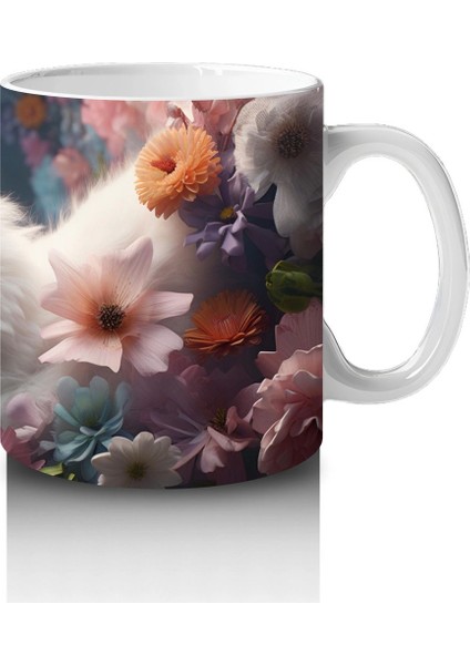 Çiçeklerle Süslenmiş Beyaz Kedi – Baskılı Kupa fırsatları