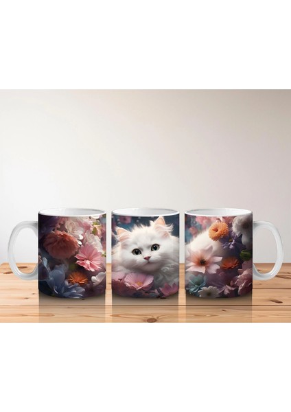 Çiçeklerle Süslenmiş Beyaz Kedi – Baskılı Kupa indirimleri