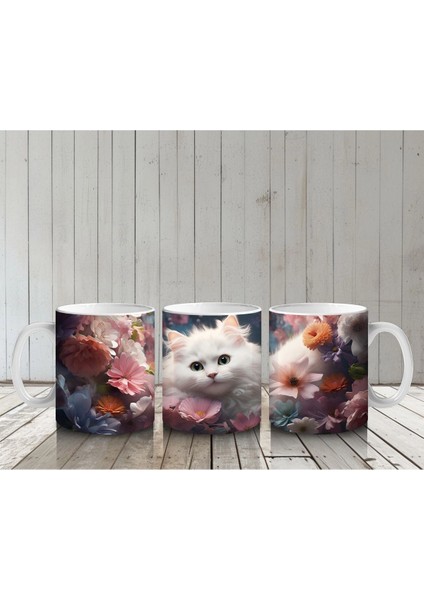 Çiçeklerle Süslenmiş Beyaz Kedi – Baskılı Kupa